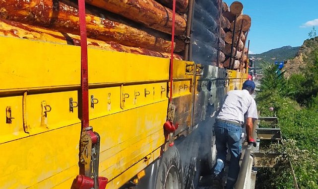 Bilecik'te tomruk yüklü tırda yangın ucuz atlatıldı